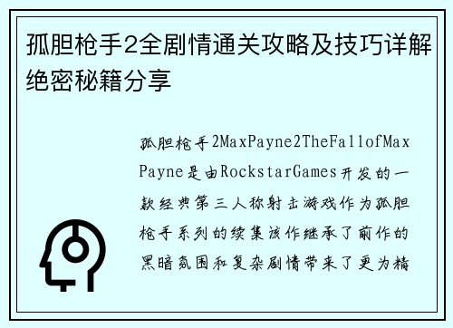 孤胆枪手2全剧情通关攻略及技巧详解绝密秘籍分享
