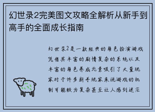 幻世录2完美图文攻略全解析从新手到高手的全面成长指南