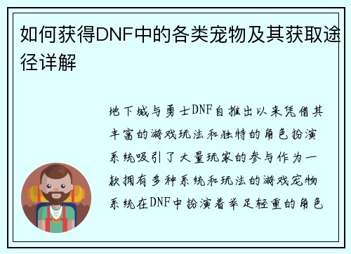 如何获得DNF中的各类宠物及其获取途径详解